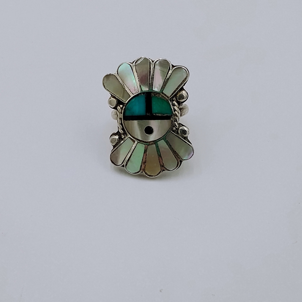 Sterling Silver 925 w/ coral N turquoise, Zuni Tewa Sun Ring Size 4